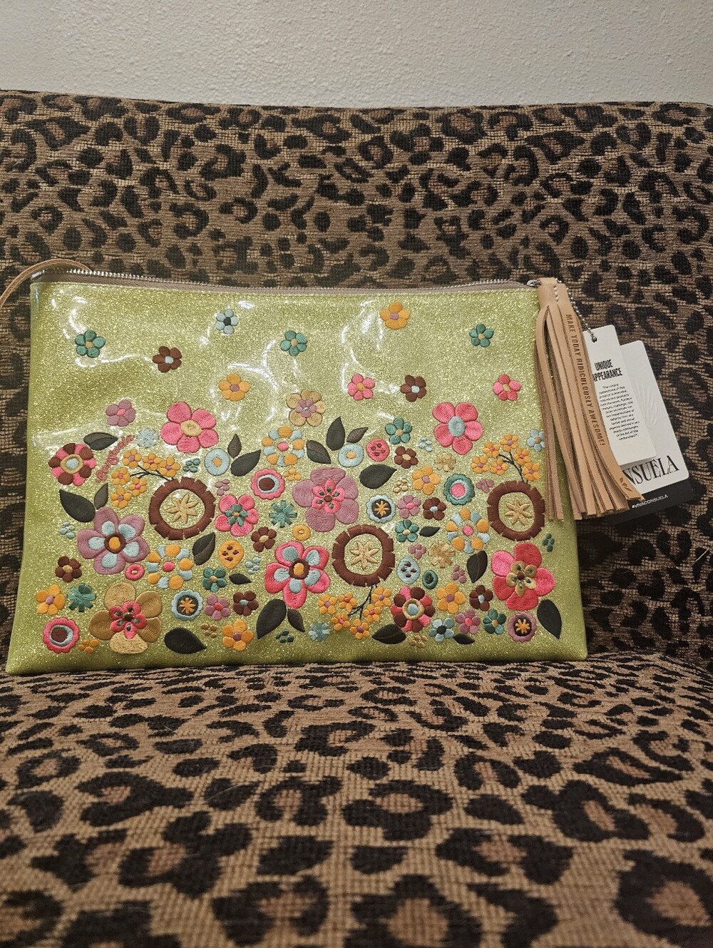 Consuela Take Me Out Clutch-NWT Embellished Floral Glitter Clutch - Lime Green
